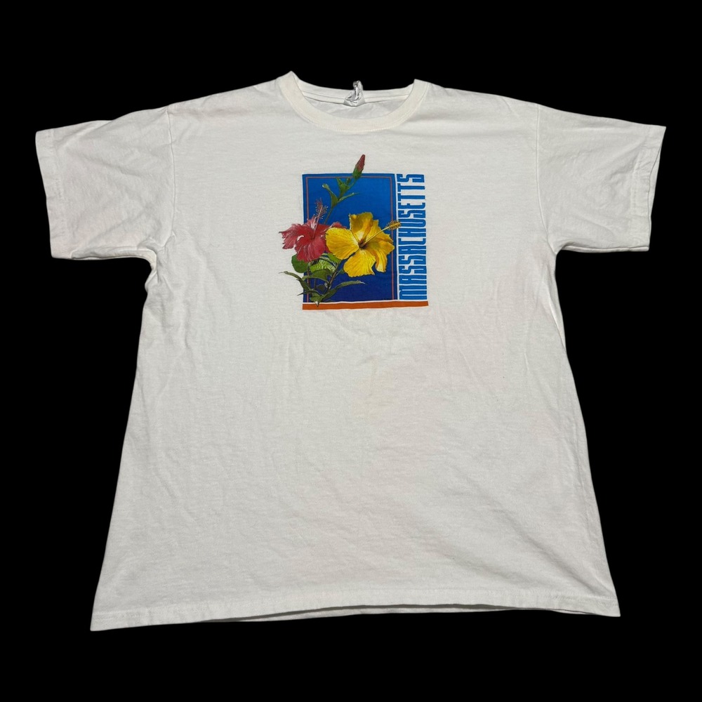 Anvil Blue Bar Massachusetts Flower Multicolor White Shirt Men's Large